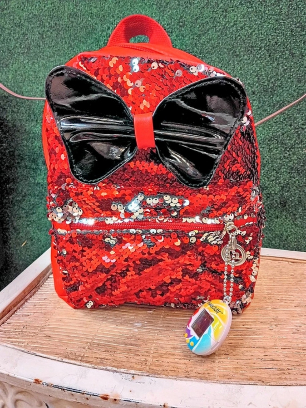 Sequin Bow Backpack in Red & Black Like New